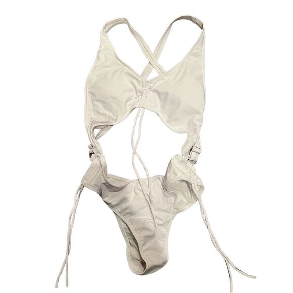 Women 1 Piece Summer Hollow Sexy Bikini with Long Tassel Drawstring Color White - Picture 8 of 16